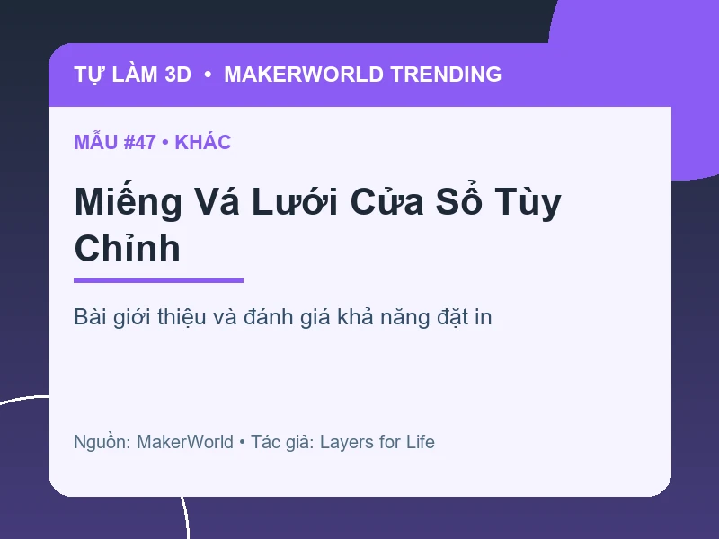 Thẻ thông tin Miếng Vá Lưới Cửa Sổ Tùy Chỉnh từ danh sách MakerWorld Trending